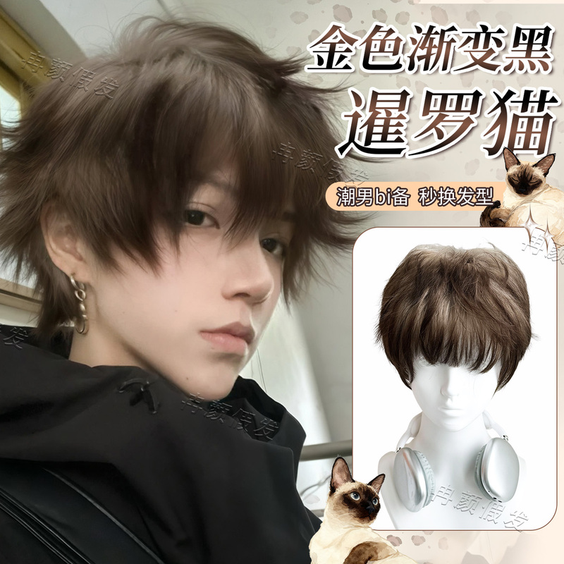 【Siamese Cat】Ran Yan Wig for Men, Micro Fringe Black and Gold Gradient Color, Natural and Fluffy Full Head Wig for Men