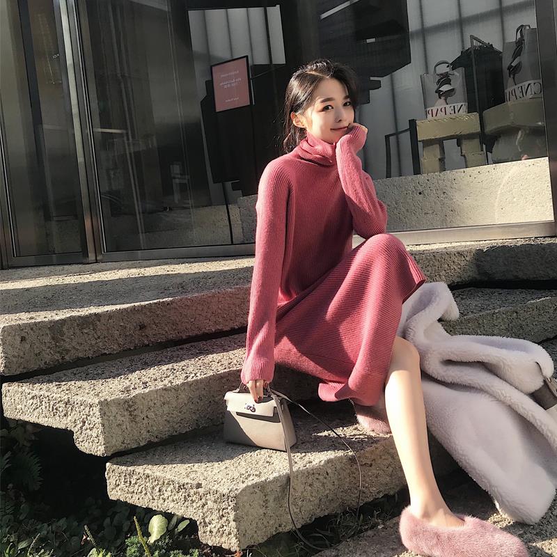 Long turtleneck sweater women's pile collar knitted dress one-piece over-the-knee bottoming long skirt loose lazy style outerwear