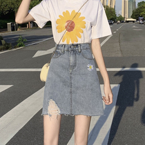 Little Daisy denim skirt female 2021 spring new all-around high waist a-shaped irregularly hip skirt