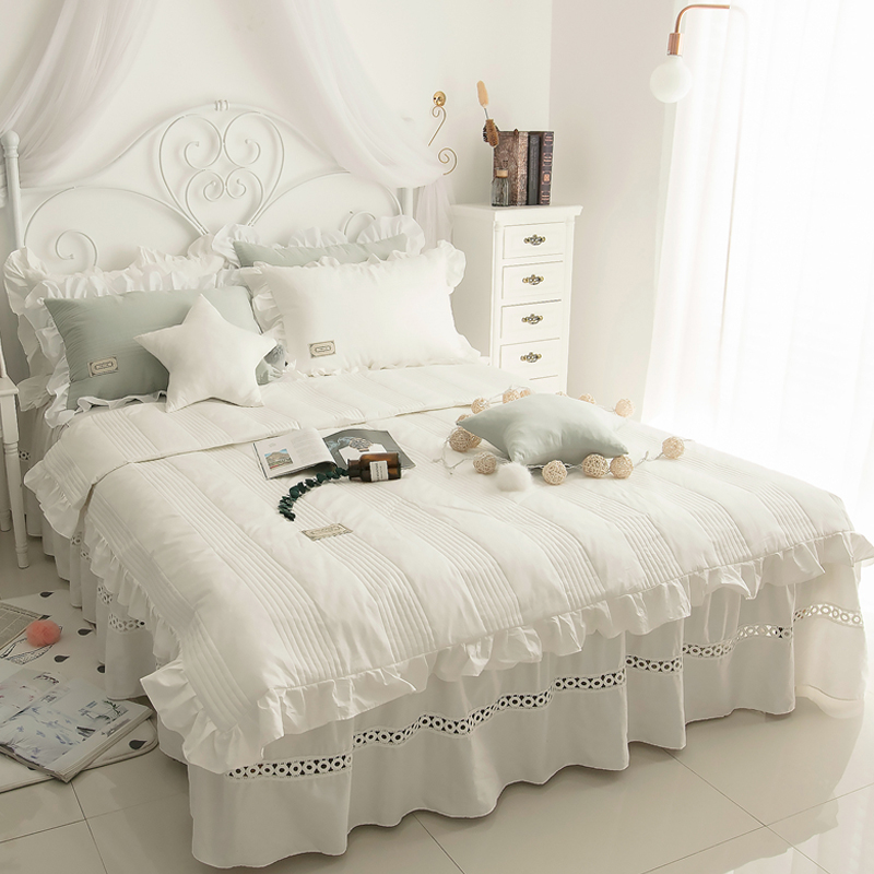 Pure Cotton Clip Cotton Bed Skirt summer quilt with four sets of Teenage Girl Hearts Princess Wind Full Cotton Bed Hood Lotus Leaf Side Double Quilt Cover