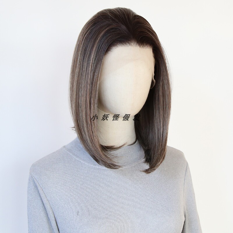 Linen Dark Brown Gradient Short Bob Wig with Lace Front, Full Head Wig, Natural High-Temperature Fiber Full Wig