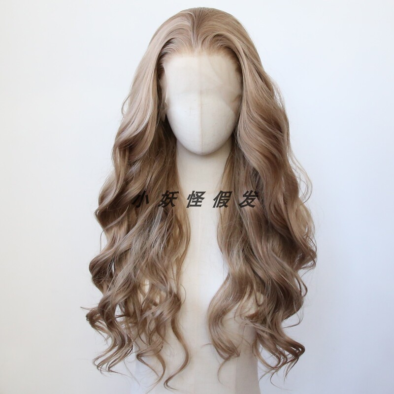 Dark Honey Golden Brown Front Lace Synthetic High-Temperature Fiber Big Wavy Curly Wig Realistic Natural Full Wig Set