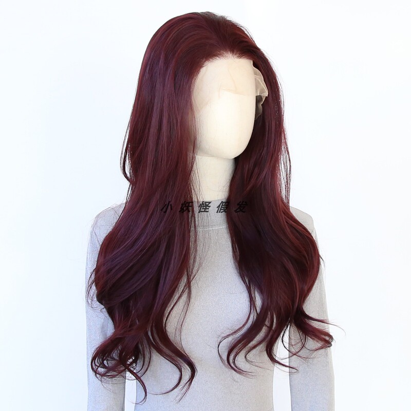 Retro Cherry Wine Red Large Wavy Front Lace Synthetic Wig, Popular Style, Makes Skin Look Fairer, Realistic Full Wig Set