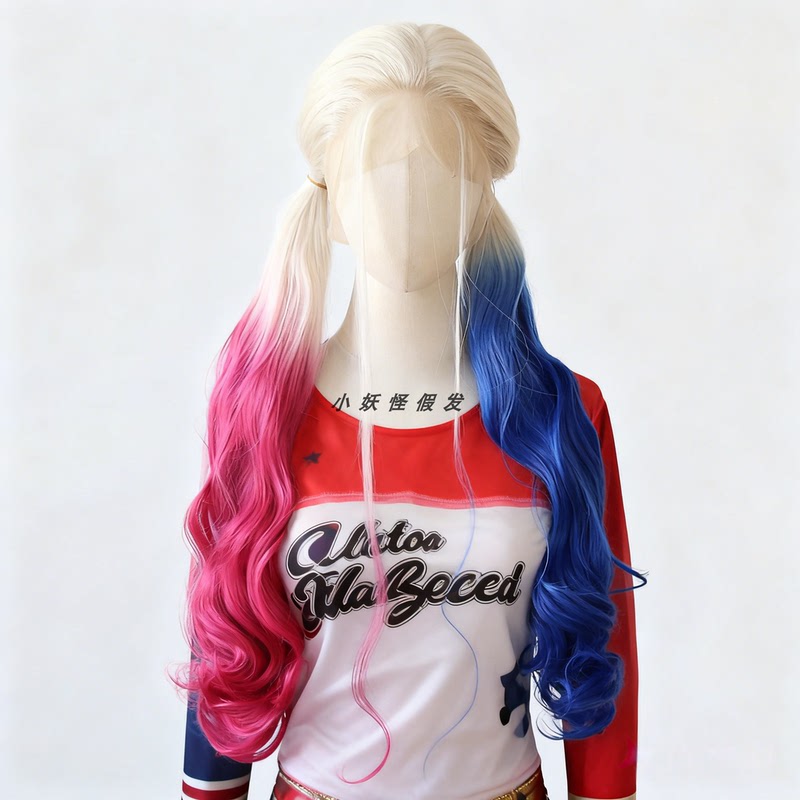 Harley Quinn Cosplay Full Lace Wig Platinum Gradient Pink-Blue High-Temperature Fiber Full Wig Set