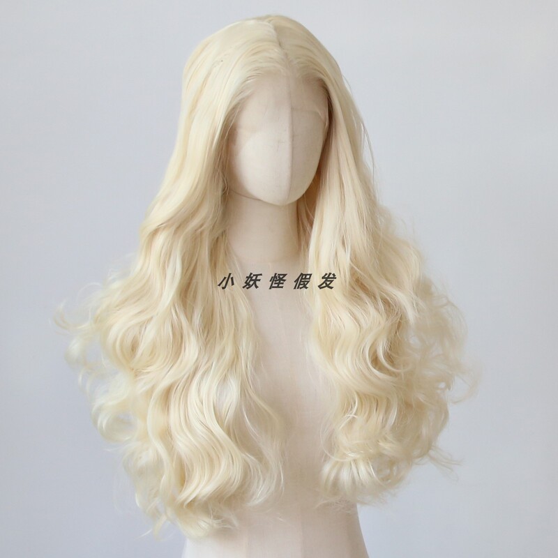 European and American Style Blonde Lace Front Synthetic High-Temperature Fiber Full Wig, Golden Natural Big Wave Curly Full Wig Set