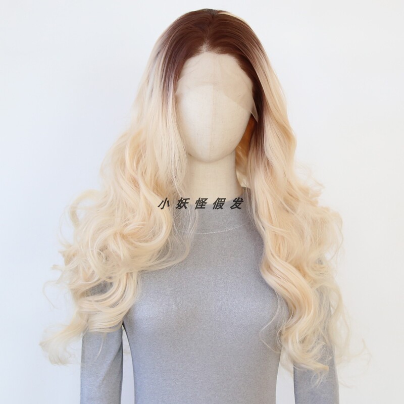 Golden Gradient Wavy Lace Front Synthetic Full Wig Natural Asian European Style Blonde Full Wig Set