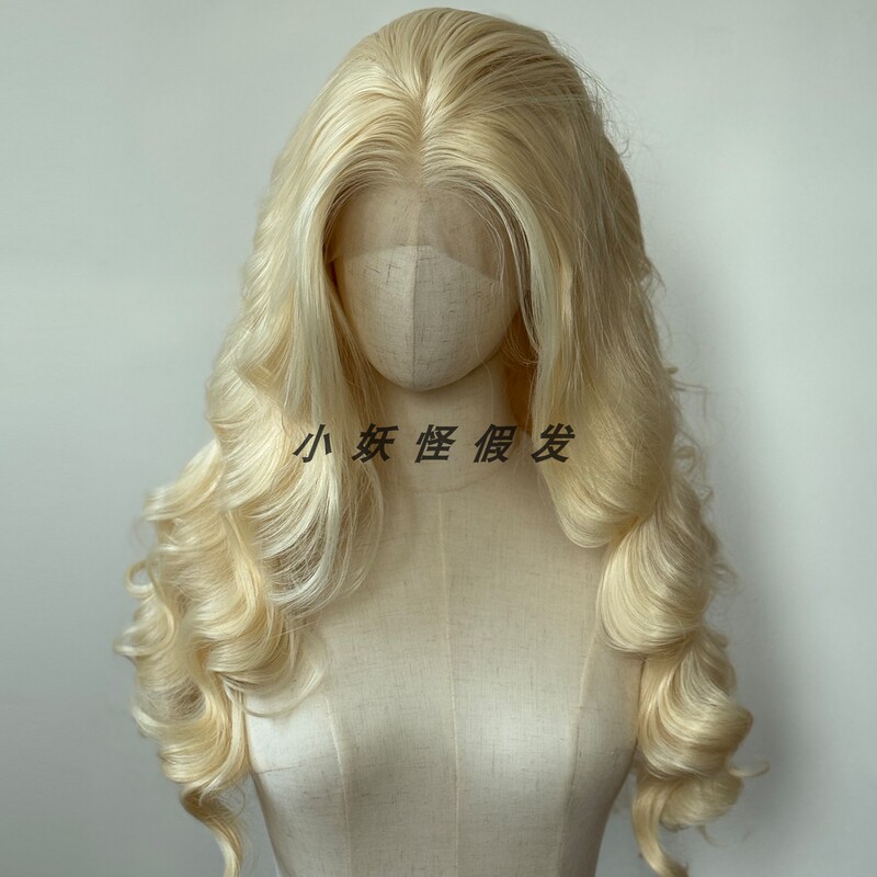 Golden Lace Front Synthetic Wig with High-Temperature Fiber, Highlights, European and American Blonde, Big Wavy Curls, Full Wig