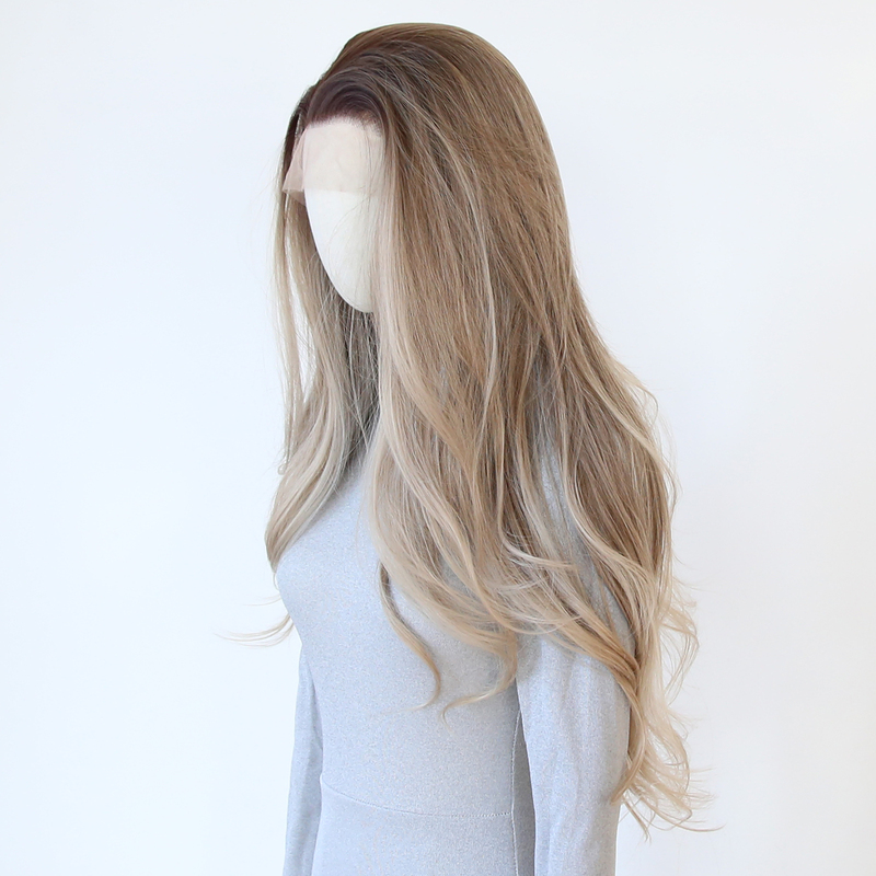 Gradient Platinum Mixed Brown Lace Front Wig, Parisian Dyed, European and American Style, Brightening Effect, Large Waves, High-Temperature Fiber Full Wig Set