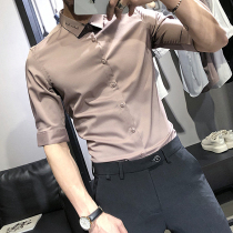 Three-point sleeve shirt mens Korean slim fashion handsome casual summer mid-sleeve Ruffian handsome ice silk mens short-sleeved shirt