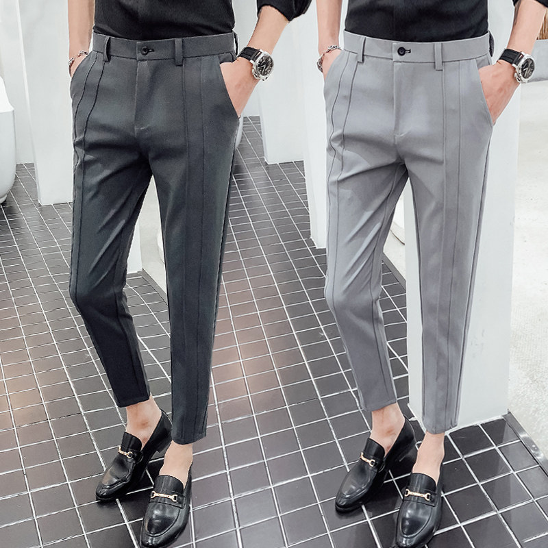 Casual small trousers men's slim small feet nine points suit pants straight tube wild British style 9 points Korean version of the trend pants