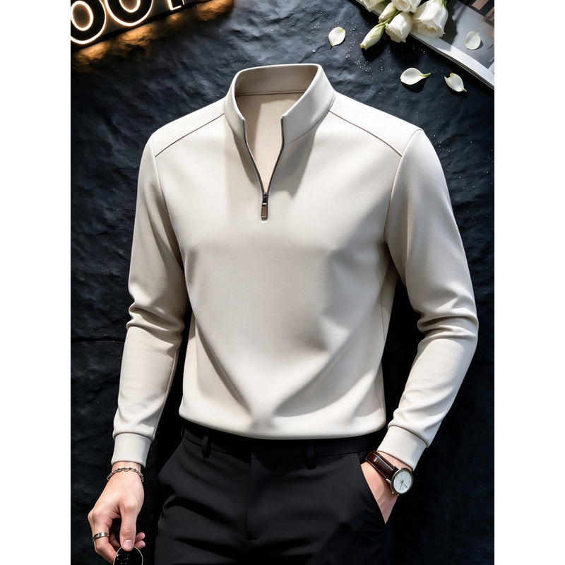 Stand Collar Men's Polo Shirt, Long Sleeve, Half-Zip, High-End Feel, 2026 New Autumn Solid Color Base Layer T-Shirt