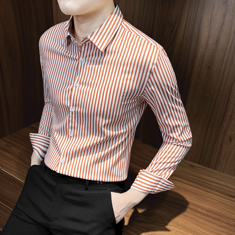 Orange-Red Striped Shirt for Men, Light Business Casual Shirt, 2026 Spring and Autumn New Slim-Fit Men's Long-Sleeve Shirt