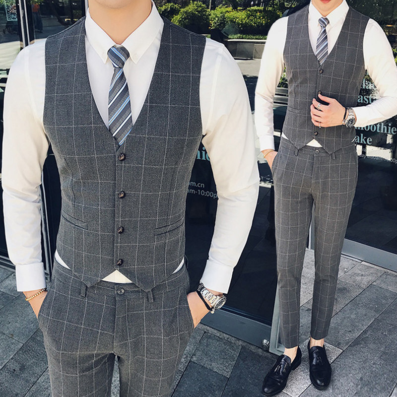 Autumn Men's Plaid Suit Vest Pants Set Korean Trend Jacket Casual Vest Vest Men