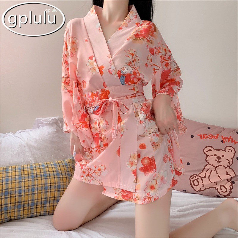 Japanese GP Sexy Crushed Flowers And Pure Desire Wind Sleeping Dress Women's Summer Thin Ice Silk Bathrobe V Collar Short Sleeve Home Dress