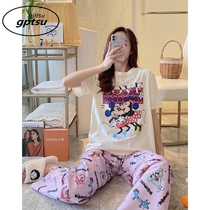 Japan Gp Sleepwear Womens Summer Cartoon Short Sleeve Long Pants Pure Cotton Cartoon Mickey Mouse Casual Home Suit Suit