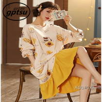 Japanese Cartoon Pyjamas Womens Summer Long Sleeves Mid Length Sleeping Dress Woman Han Version Sweet And Cute Pure Cotton Home Suit Suit