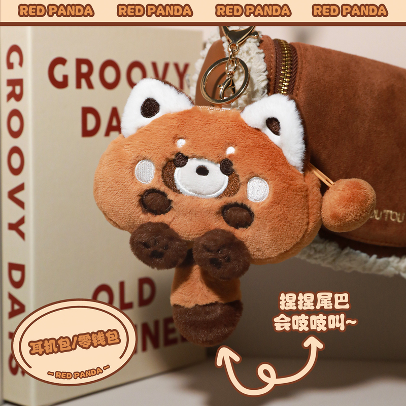 Original Cartoon Red Panda Plush Earphone Case Coin Purse Small Hanging Bag Cute Cartoon Pendant Accessory Squeaking Sound