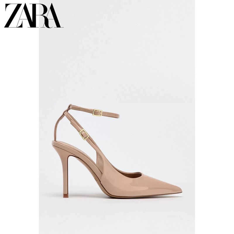 Zara Women's Shoes 2026 Spring and Summer New Style One-Line Buckle Pointed Toe Sandals Beige Backless Stiletto High Heels for Women