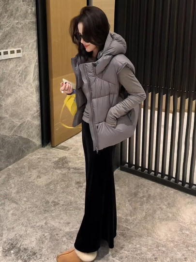 Korean style down vest women's short autumn and winter new top vest loose hooded white duck down vest jacket