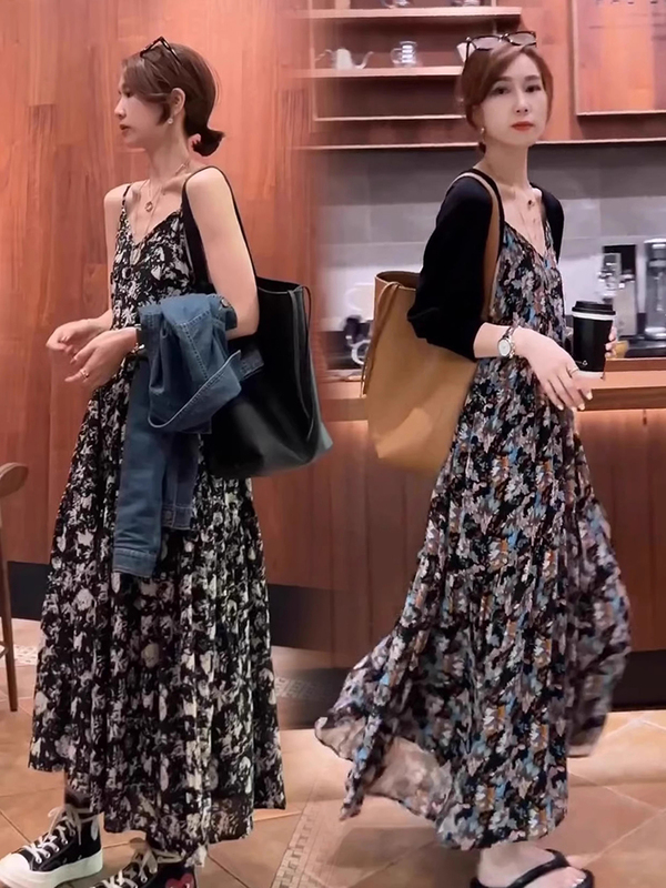 High-End Fashionable and Stylish Sleeveless Suspender Dress for Women in Spring and Summer, Slimming Vest-Style Floral A-Line Skirt with Large Hem