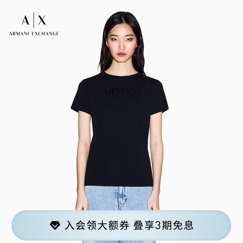 Armani Exchange/Armani's New Spring and Summer Women's Round Neck Short-Sleeved Right-Shoulder Rhinestone Pure Cotton Thin T-Shirt