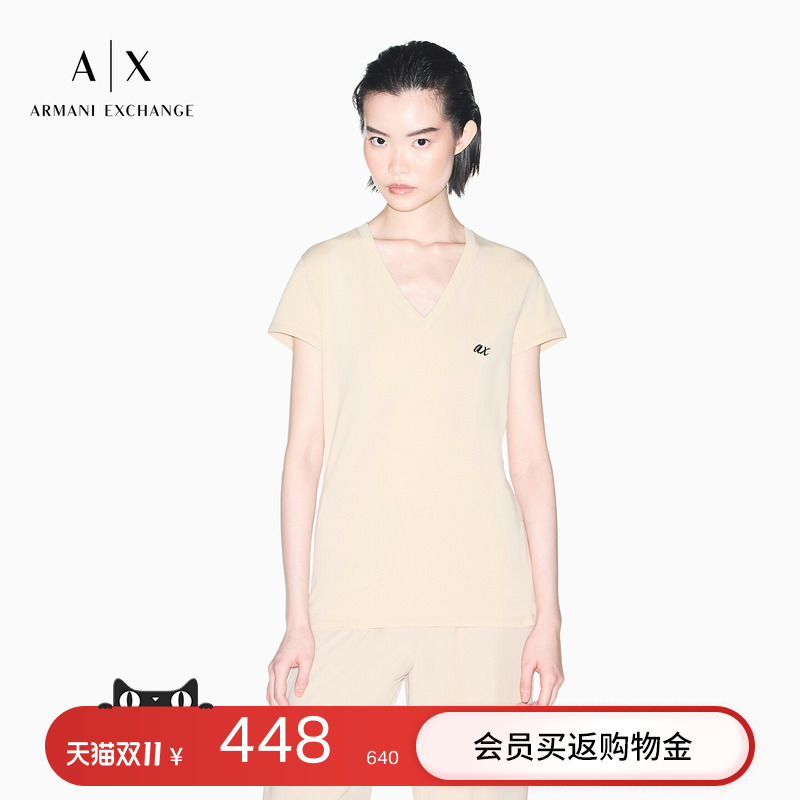 Armani Exchange/Armani's New Autumn and Winter Women's V-Neck Short-Sleeved Right-Shoulder Embroidered Stretch Cotton Simple T-Shirt