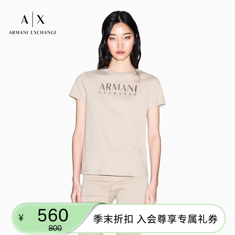 Armani Exchange/Armani Spring and Summer New Women's Round Neck Short-Sleeved Right-Shoulder Rhinestone Pure Cotton Thin T-Shirt