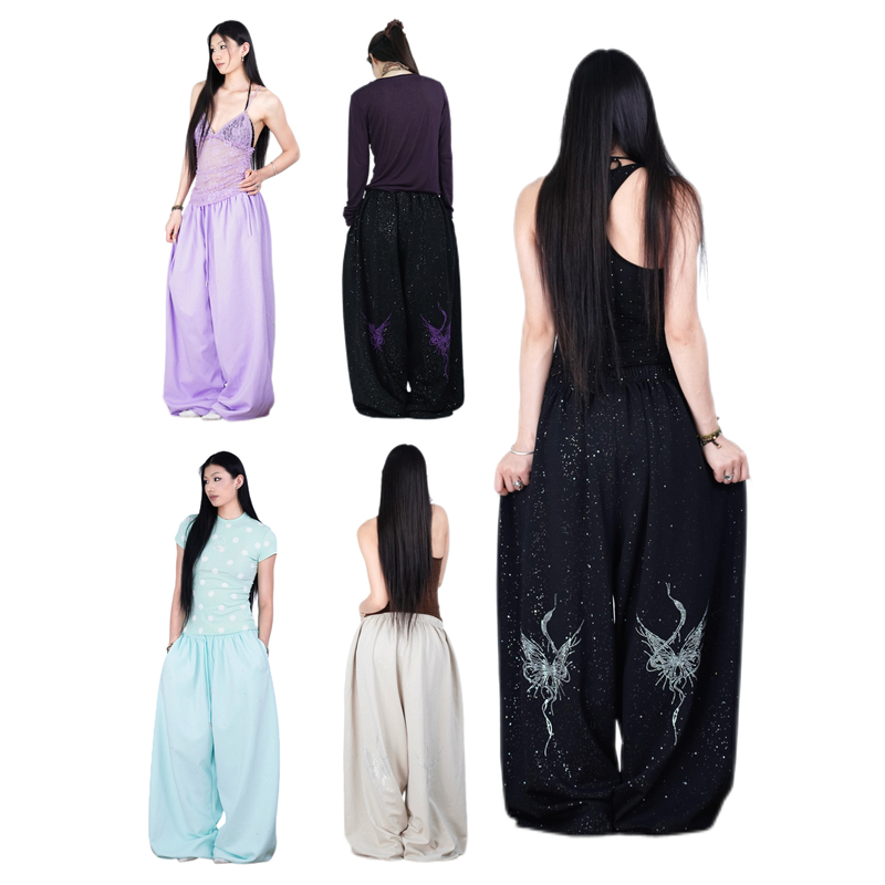 Suans Original Hot-Stamped Rhinestone Silver Glitter Butterfly Snake Shiny Pants Ice-Feel Breathable Oversized Sports Pants Sweatpants