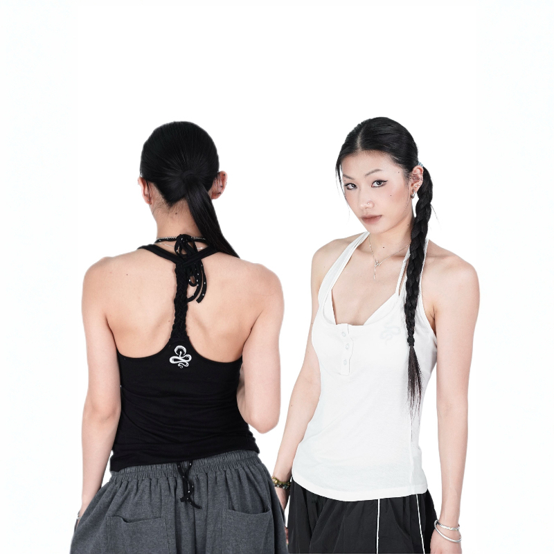 Suans Original Crescent Moon Snake Embroidery Printed Hemp Rope Tank Top Retro Fashion Versatile Simple Tank Top Camisole