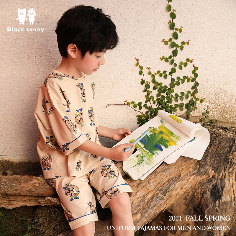 Small Black Trust Ney Pure Cotton Boy's Home Conserved Long Short Sleeve Suit Children Baby Boy Summer Dress Pyjamas