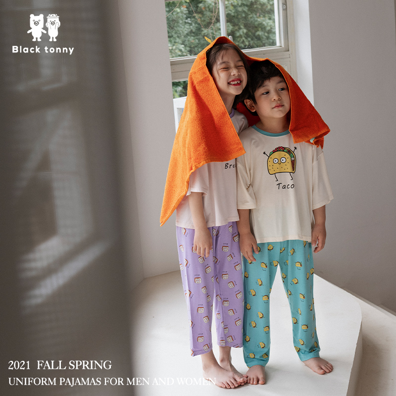 Little black tony girl home wear short sleeves set children's air conditioning clothes spring and summer sibling pajamas children's wear