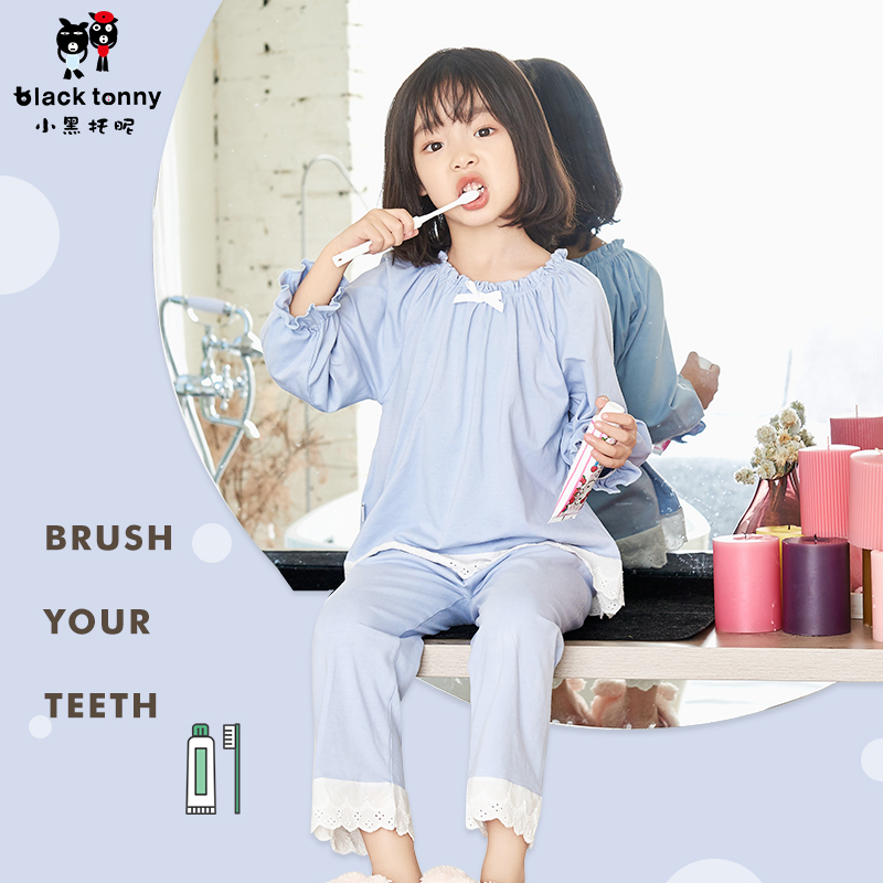 Small Black Entrusted Nursery girl Home Girl's Home Suit Kit Little Girl Spring Summer Style Cotton Long Sleeve Children Dress Pyjamas Air Conditioning Suit