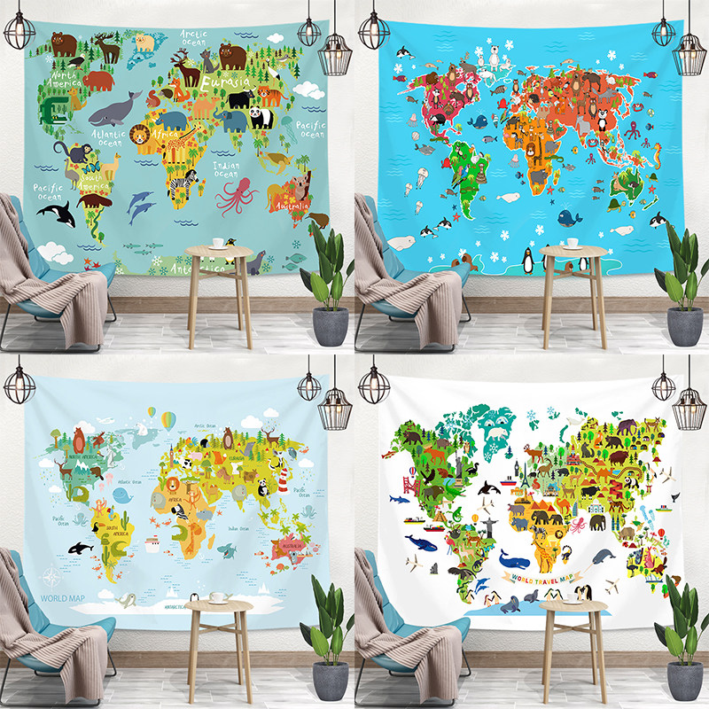 Cartoon Animal Map Hanging Cloth Wall Decoration Tapestry Background Cloth Bedside Room Dormitory Arrangement Shelter Free of punch