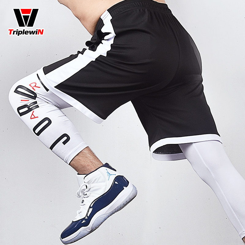 Quick-drying base thin section sports fitness stretch basketball training pants Football tight protective shovel ball three-point pants black and white