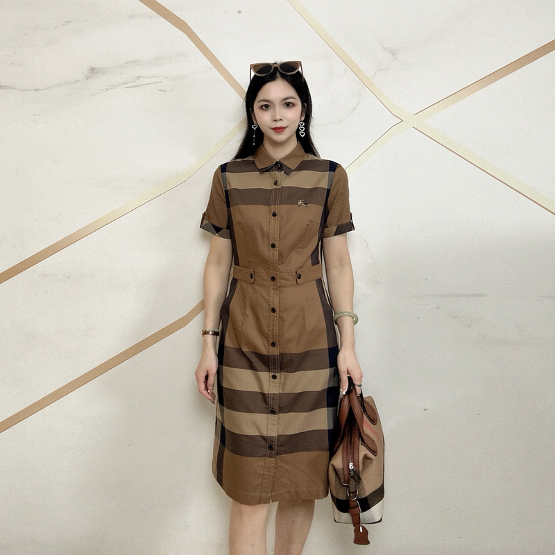 European Summer New Fashion Women's Dress Slim Short-Sleeved Casual Versatile Mid-Length Striped Shirt Collar Dress