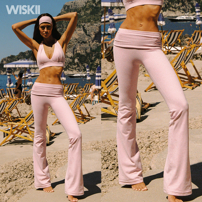 Wiskii Women's Flared Sports Pants, No Awkward Lines, Butt-Lifting Fitness Long Pants, Fold-Over Low-Waist Elegant Dance Yoga Pants