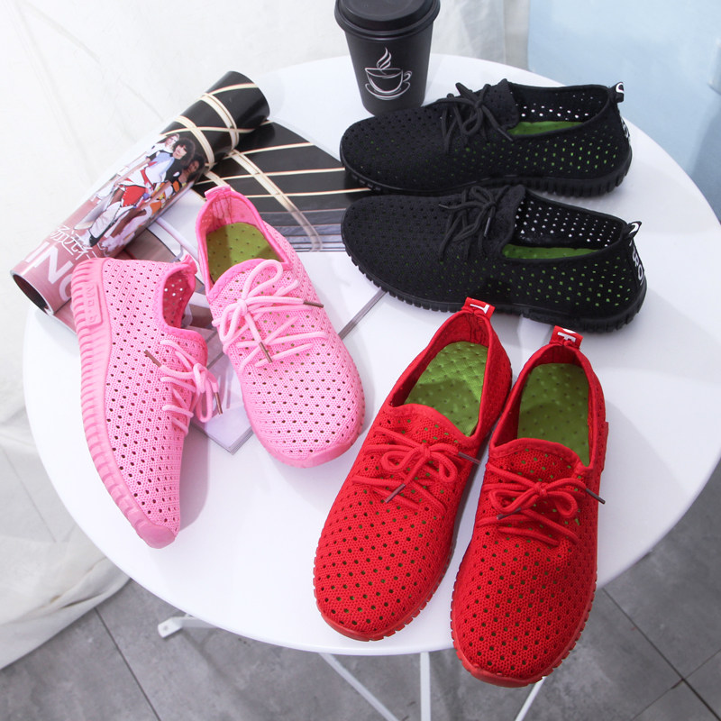 Spring and summer mesh old Beijing cloth shoes flat casual shoes lace-up non-slip solid color flying woven comfortable women's shoes