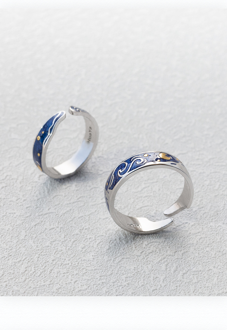 Hoa Bud Original Van Gogh Star Ring Cặp đôi Một cặp Nhẫn đuôi bạc nguyên chất Cá tính đơn giản Sinh viên Nhật Bản và Nhẫn Tanabata Hàn Quốc - Nhẫn nhẫn nam đẹp