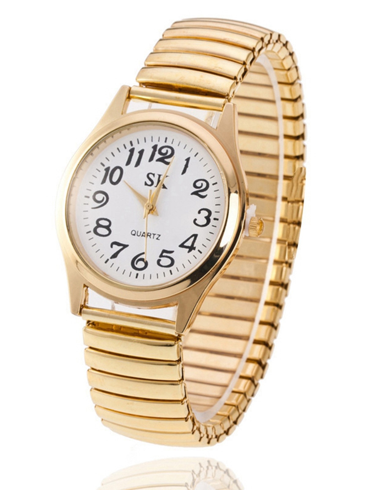 Middle-Aged and Elderly Couples' Golden Large Digital Watch for Parents, Telescopic Spring Strap Quartz Watch Without Clamping Your Hands