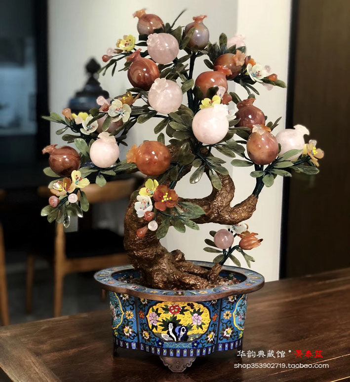 北京傳統手工藝景泰藍玉石盆景石榴和田碧玉會所擺件收藏