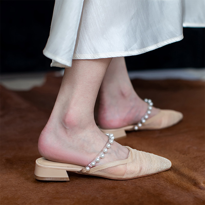 Thick heel Baotou half slippers women's summer outer wear 2022 new pearl mesh leather low-heeled flat-bottomed sandals women