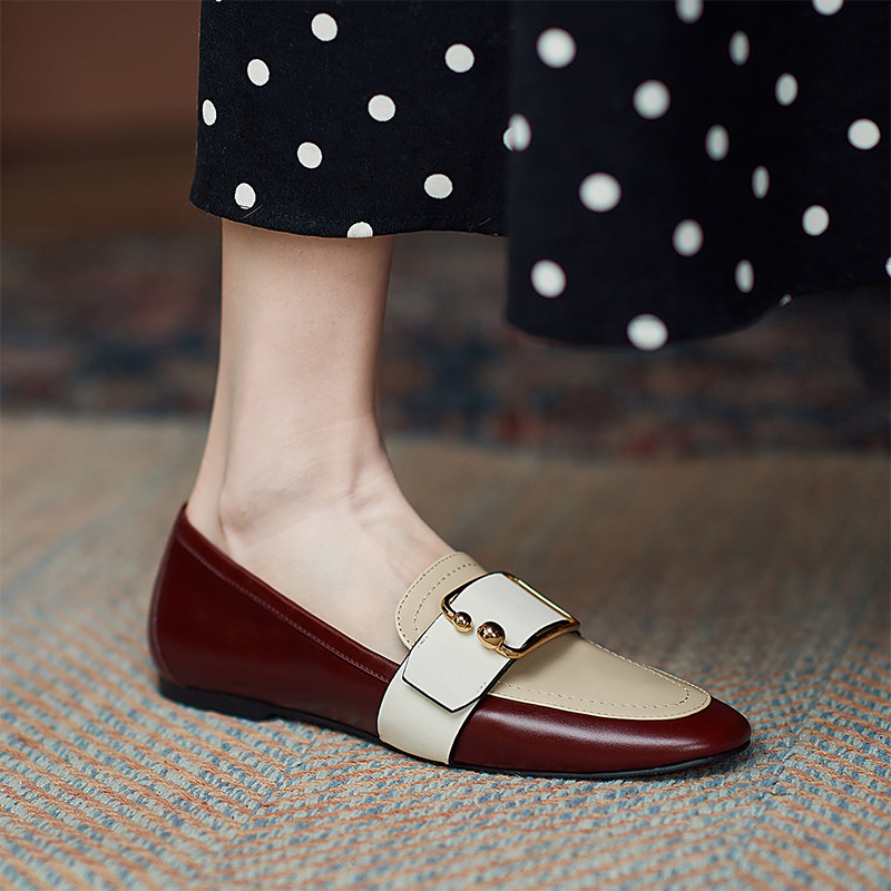 Leather loafers women's spring 2022 new round toe small leather shoes retro one pedal lazy casual flat shoes women
