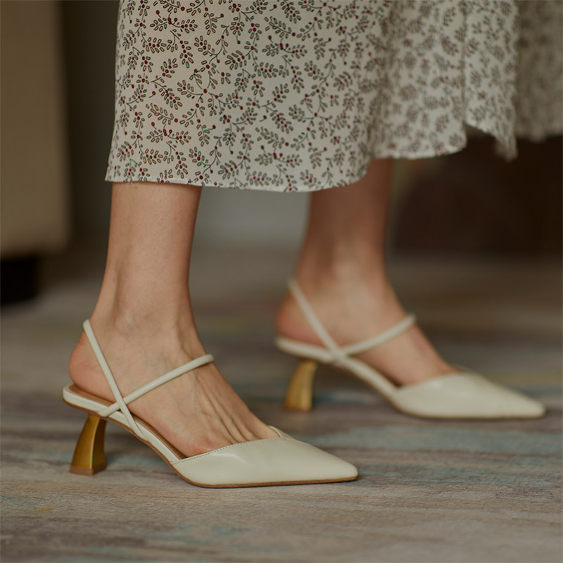 Thick-heeled toe sandals for women 2022 new summer mid-heel leather half drag pointed toe lady fairy one word belt high heels