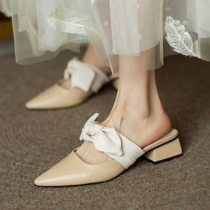 Leather bow toe half slippers women's summer 2022 new Muller shoes wear lazy net red all-match sandals and slippers