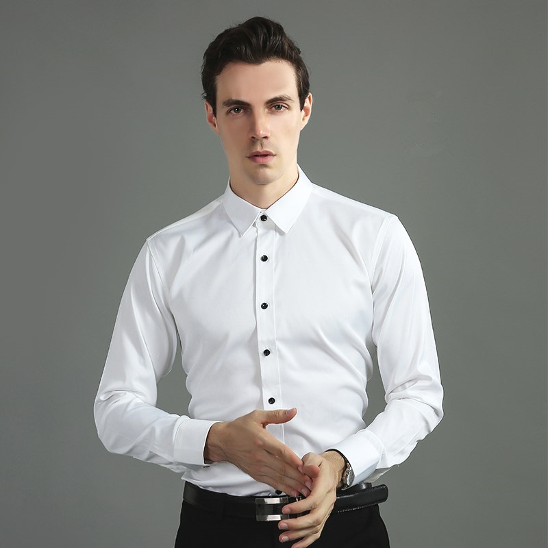 Spring Wrinkle-Free Stretch Shirt for Men, White with Black Buttons, Business Casual Long-Sleeve Shirt, Tencel Smooth Without Pockets