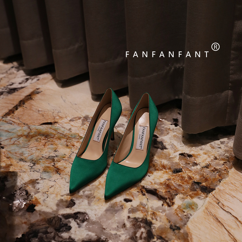 Artwork-Level High-End Silk High Heels Love85 Green Stiletto Work Shoes Comfortable Pointed Toe Shoes