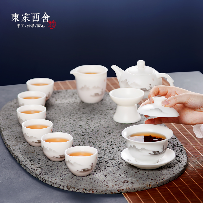 Dehua white porcelain tea set handmade lid bowl teapot 6 people hand-painted kung fu teacup mutton fat jade porcelain gift