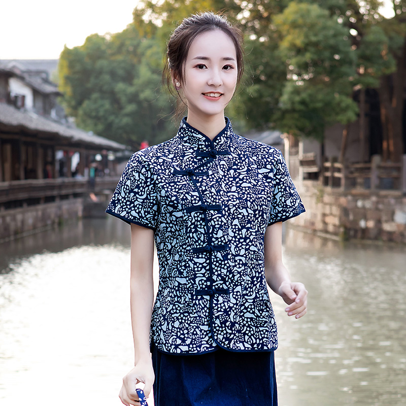 Ethnic style Wuzhen women's blue printed cloth short-sleeved shirt slanted lapel Chinese slim top hotel restaurant uniform