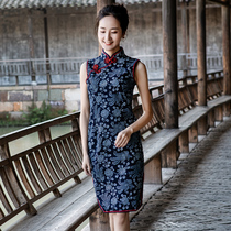Handmade Wuzhen blue printed cloth cheongsam ethnic style retro oblique flap buckle sleeveless slim cotton dress