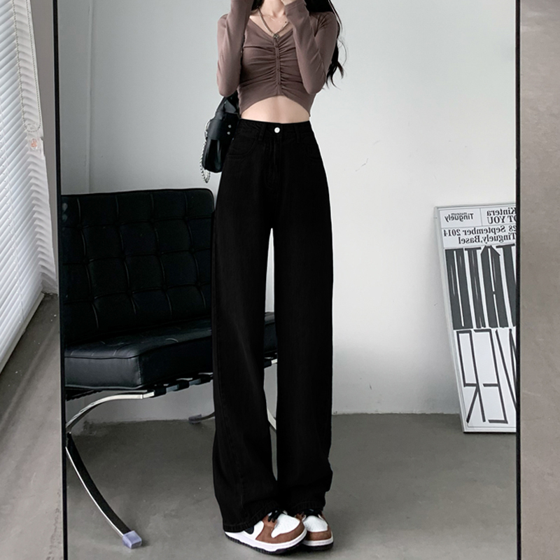 Black High-Waisted Straight-Leg Jeans for Petite Women, Spring and Autumn 2026 New Style, Slimming, Loose, Narrow Wide-Leg Pants